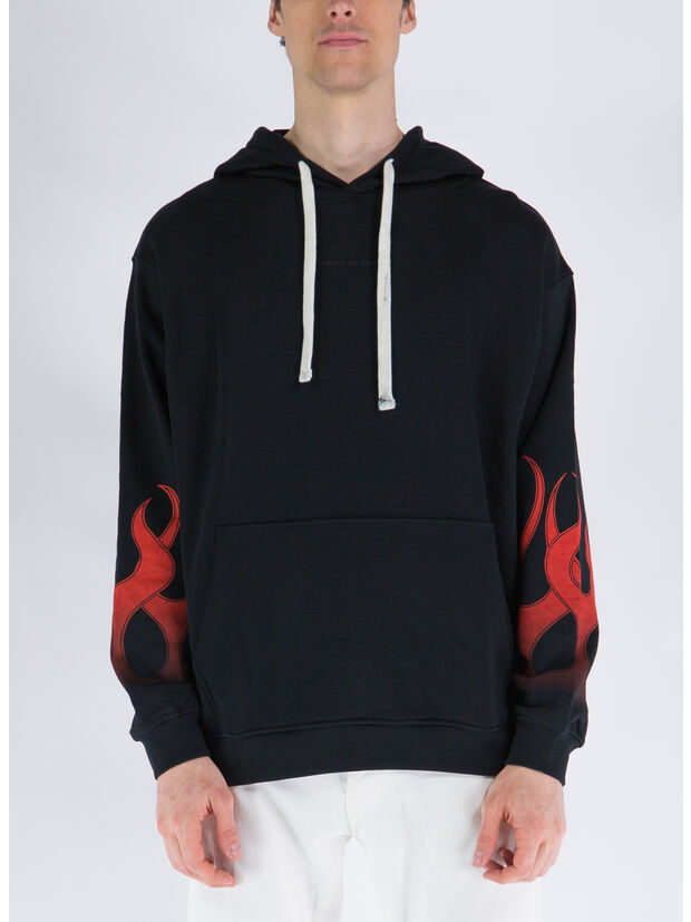 FELPA CON CAPPUCCIO WITH RED FLAMES, BLACK, large