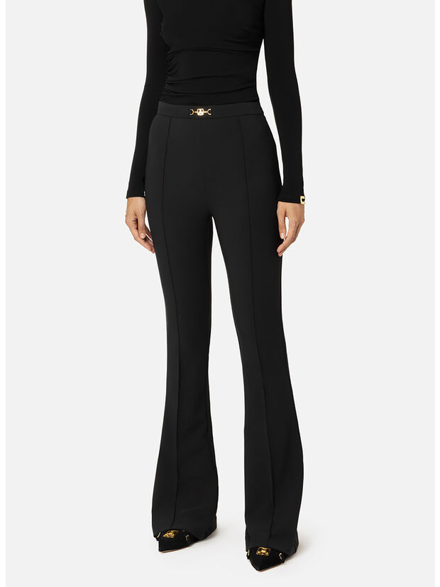 PANTALONE PALAZZO IN CRÊPE STRETCH CON MORSETTO, 110 NERO, large