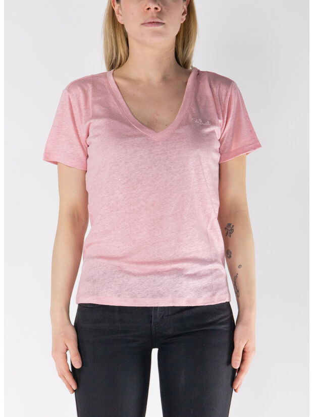 T-SHIRT ELOISE CON SCOLLO A V IN JERSEY DI LINO, 05967H 21H EMB, large