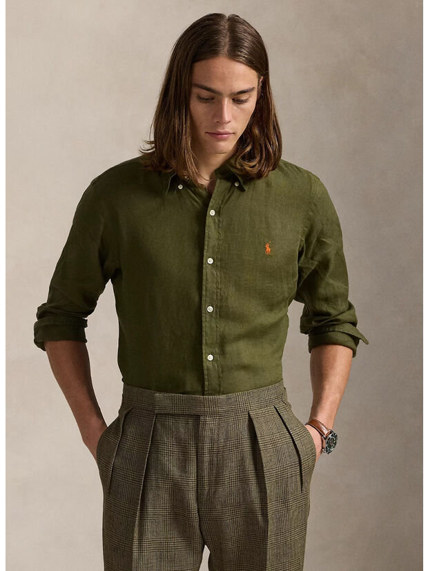 CAMICIA IN LINO SLIM-FIT, NEW OLIVE, large