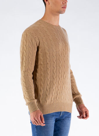 MAGLIONE IN LANA A TRECCE, CAMELMELANGE, small