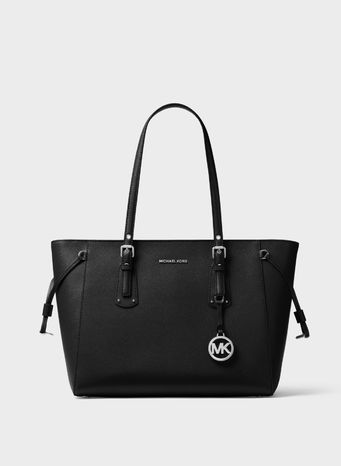BORSA TOTE VOYAGER MEDIA IN PELLE A GRANA INCROCIATA, 001BLACK, small