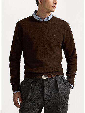 MAGLIONE GIROCOLLO IN LANA CON LOGO RICAMATO, CACAO BROWN HEATHER, small