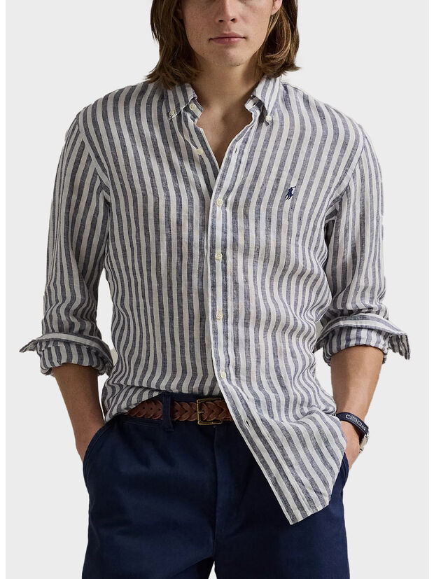 CAMICIA IN LINO A RGHE CON LOGO RICAMATO, NAVY/WHITE, large