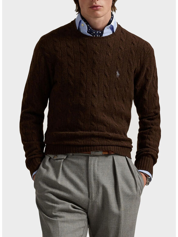 MAGLIONE GIROCOLLO IN MAGLIA TRECCIATO, CACAO BROWN HEATHER, medium