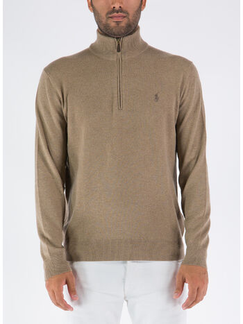 PULLOVER CON COLLO ALTO E MEZZA ZIP, HONEY BROWN HEATHER, small