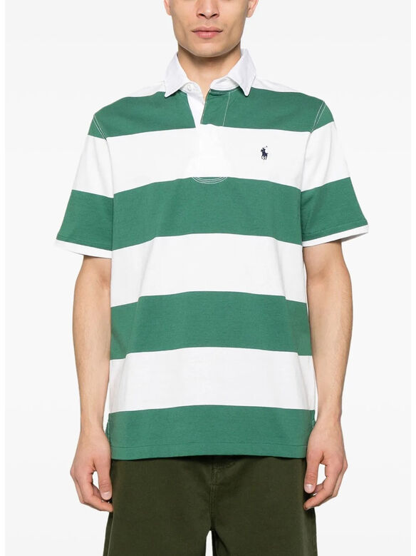 POLO A RIGHE CON PATCH LOGO, ANTIQUE GREEN/OXFORD WHITE, medium