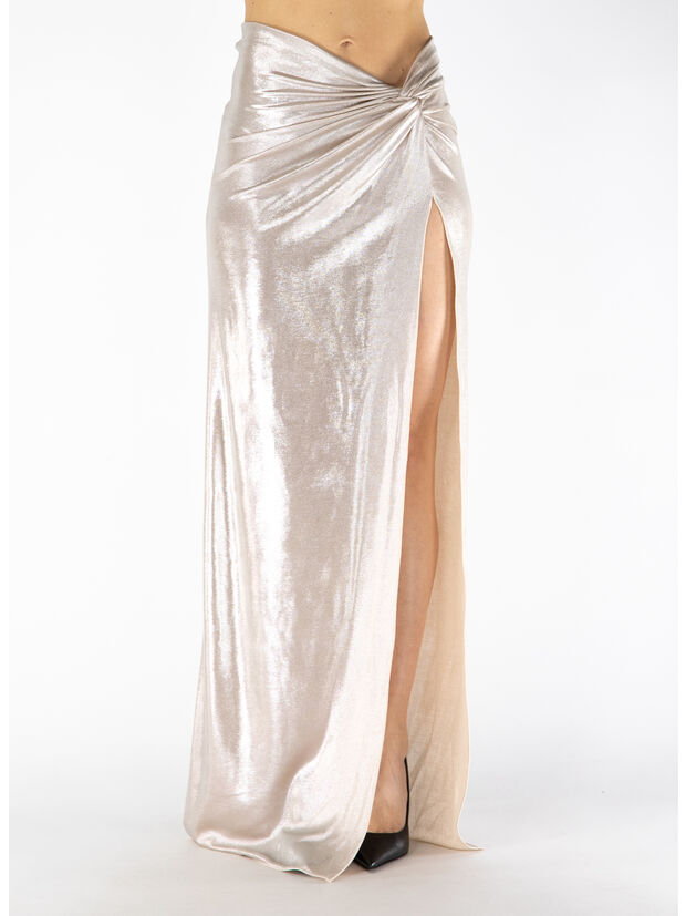 GONNA MIDI A RASO CON SPACCO LATERALE, M401 METALLICO ROSA, large