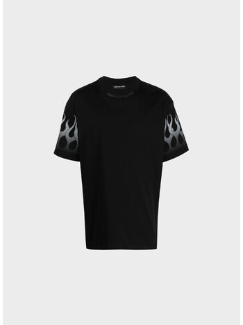 T-SHIRT WITH WHITE FLAMES, BLACK, small