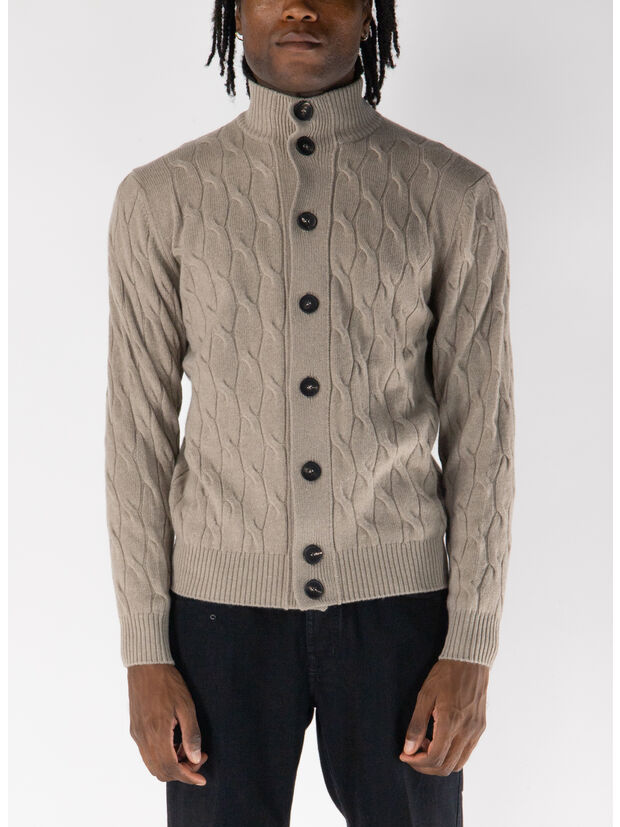 CARDIGAN IN TRECCIA CON COLLO ALTO, 910 ARGENTO-AZTECO, large