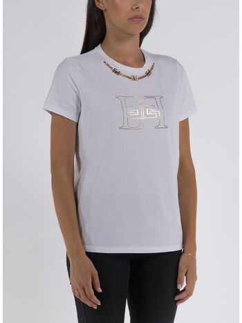 T-SHIRT IN COTONE CON LOGO E CATENA, 270 GESSO, small