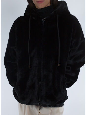 CAPPOTTO CORTO BOMBER CON CAPPUCCIO IN PELLICCIA, 024 NERO, small