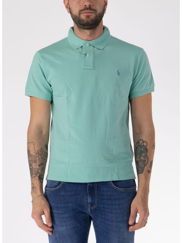 POLO A MANICHE CORTE CON LOGO RICAMATO, CELADON, medium