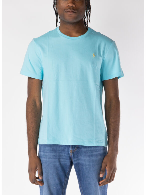 T-SHIRT GIROCOLLO A MANICHE CORTE CON LOGO RICAMATO, AQUA BLUE, medium