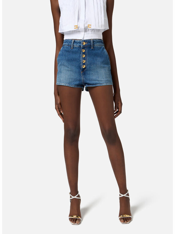 SHORTS IN DENIM CON BOTTONI A VISTA, 104 BLUE DENIM, medium