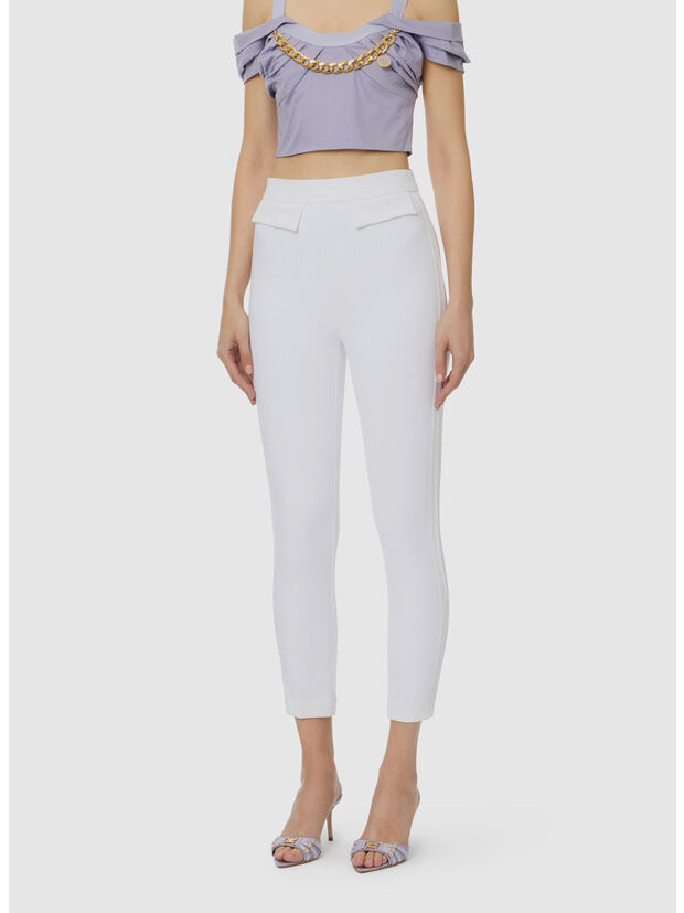 PANTALONE IN DOPPIO CR&Ecirc;PE STRETCH CON LOGO RICAMATO, 360 AVORIO, large