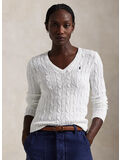 MAGLIONE IN COTONE A TRECCE CON SCOLLO A V, WHITE, thumb