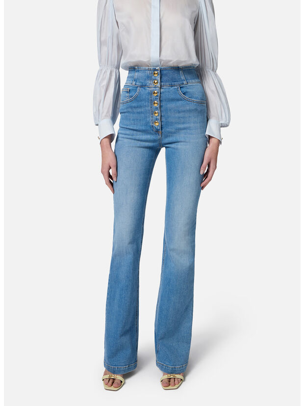 JEANS A VITA ALTA CON BOTTONI LOGO, 192 LIGHT BLUE, large