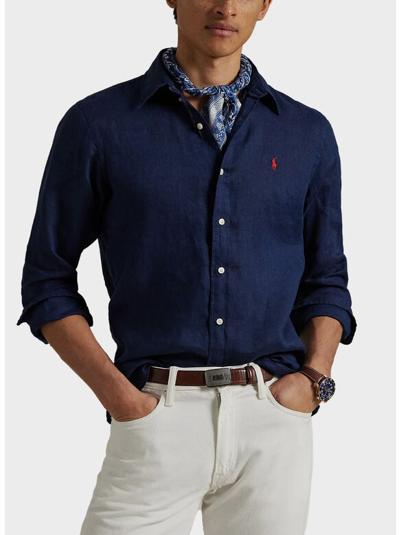 CAMICIA IN LINO CON LOGO RICAMATO, NEWPORT NAVY, medium