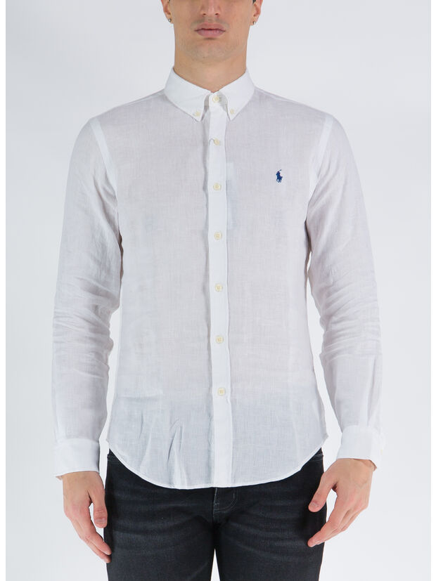 CAMICIA DI LINO CON LOGO RICAMATO, WHITE, large