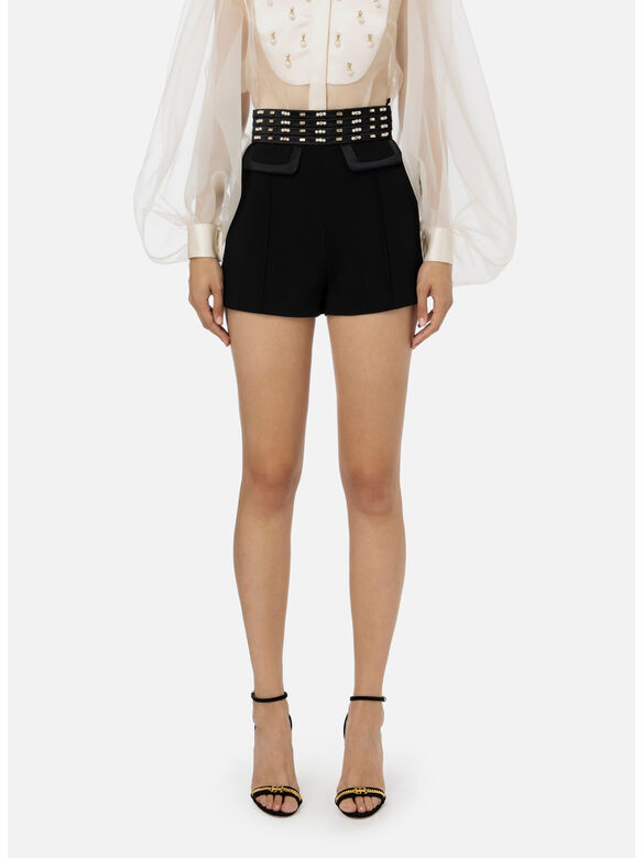 SHORTS IN CRÊPE CON FASCIONE ALTO RICAMATO, 110 NERO, medium