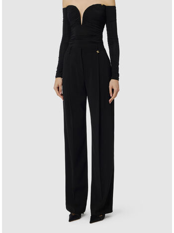 PANTALONI IN CR&Ecirc;PE LEGGERO CON LOGO CHARM, 110 NERO, small