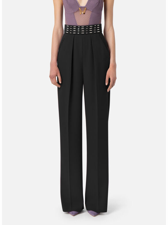 PANTALONE IN CRÊPE CON FASCIONE RICAMATO, 110 NERO, medium