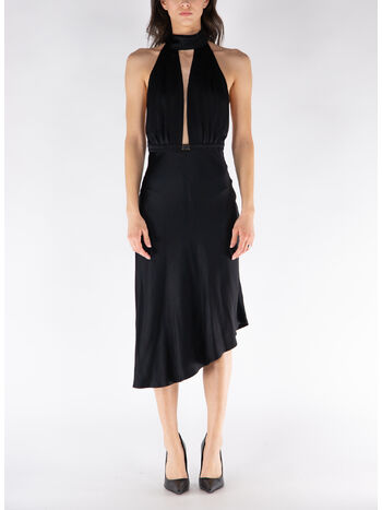 ABITO MIDI IN RASO CON GONNA ASIMMETRICA, 110 NERO, small