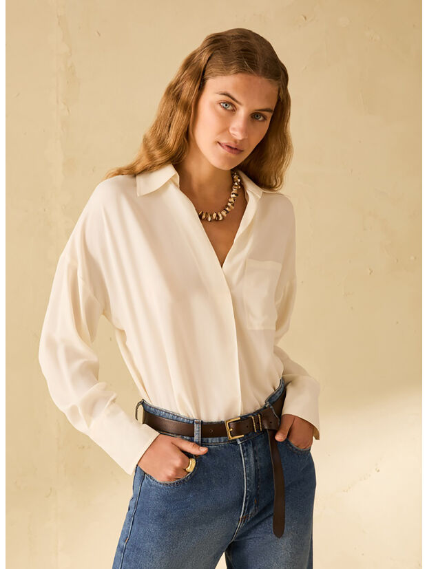 BLUSA IN CR&Ecirc;PE DE CHINE, 001 AVORIO, large