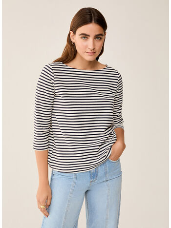 T-SHIRT CON SCOLLO E MANICA A 3/4, 003 OFF WHITE + BLU, small