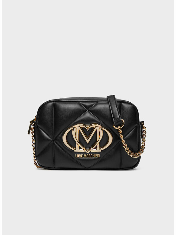 BORSA A SPALLA TRAPUNTATA CON LOGO IN RILIEVO, 000 NERO, medium