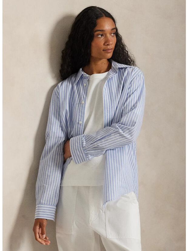 CAMICIA IN COTONE E LINO CLASSIC-FIT, DRESS SHIRT BLUE/WHITE, large