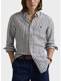 CAMICIA IN LINO A RGHE CON LOGO RICAMATO, NAVY/WHITE, thumb