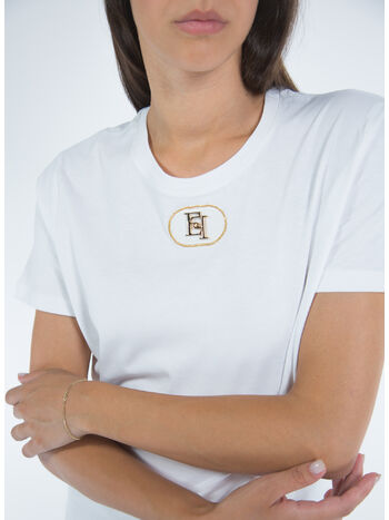 T-SHIRT IN JERSEY CON PLACCA LOGO IN VELLUTO, 270 GESSO, small