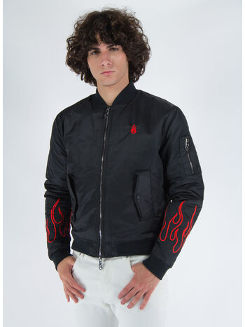 GIACCA BOMBER WITH RED EMBROIDERY FLAMES, BLACK RED, small