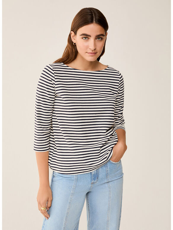 T-SHIRT CON SCOLLO E MANICA A 3/4, 003 OFF WHITE + BLU, medium