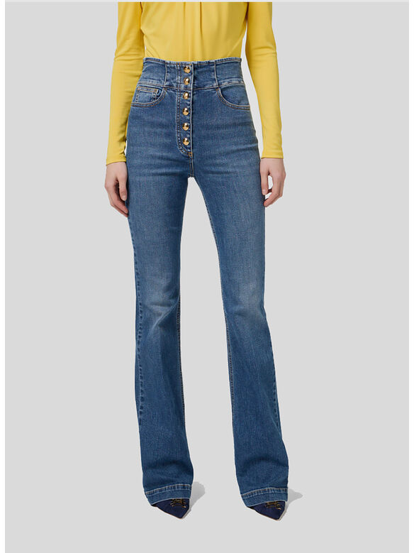 JEANS A ZAMPA CON BOTTONIERA CENTRALE, 104 BLUE DENIM, medium
