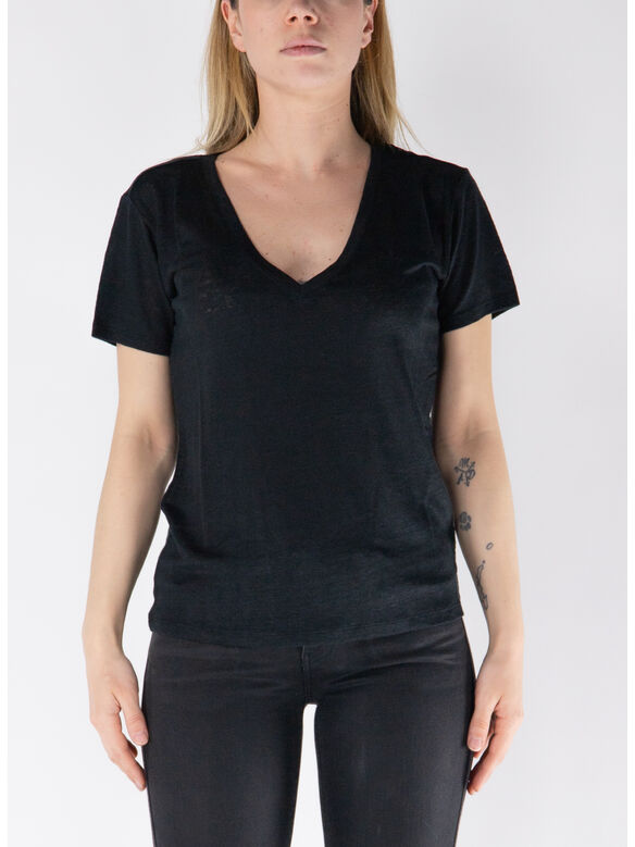 T-SHIRT ELOISE CON SCOLLO A V IN JERSEY DI LINO, 00107H 00 EMB, medium