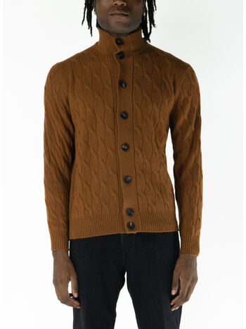 CARDIGAN IN TRECCIA CON COLLO ALTO, 065 BROWN NATURALE, small