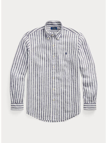 CAMICIA IN LINO A RGHE CON LOGO RICAMATO, NAVY/WHITE, small