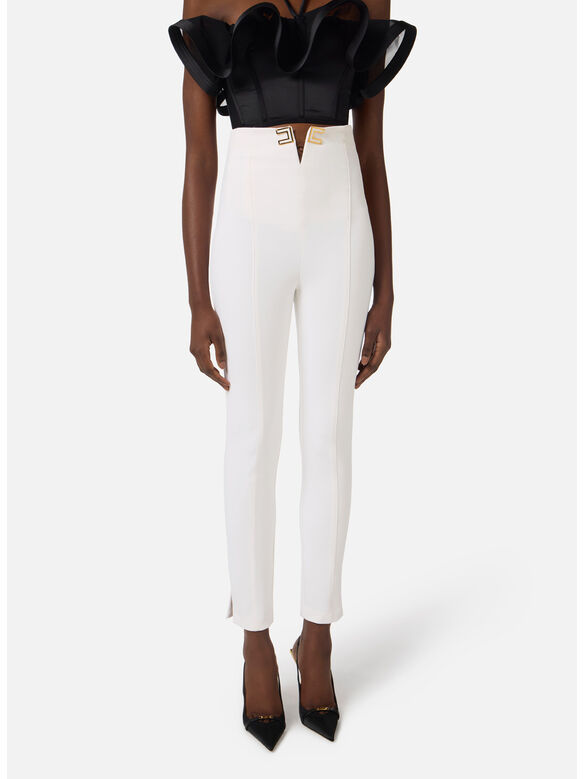 PANTALONE IN DOPPIO CR&Ecirc;PE STRETCH CON DETTAGLI LOGO, 360 AVORIO, medium