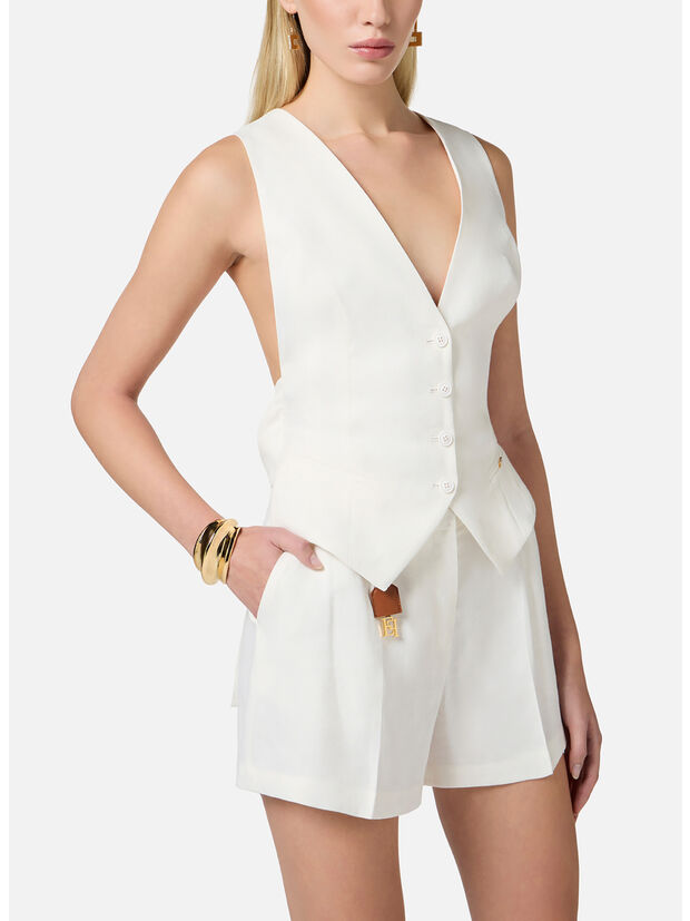 GILET IN GABARDINA DI MISTO LINO, 360 AVORIO, large
