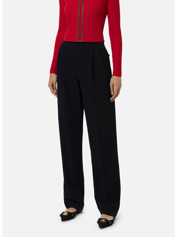 PANTALONE IN CRÊPE STRETCH CON DOPPIE PINCES, 110 NERO, large