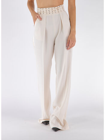 PANTALONE IN CRÊPE CON FASCIONE RICAMATO, 193 BURRO, small