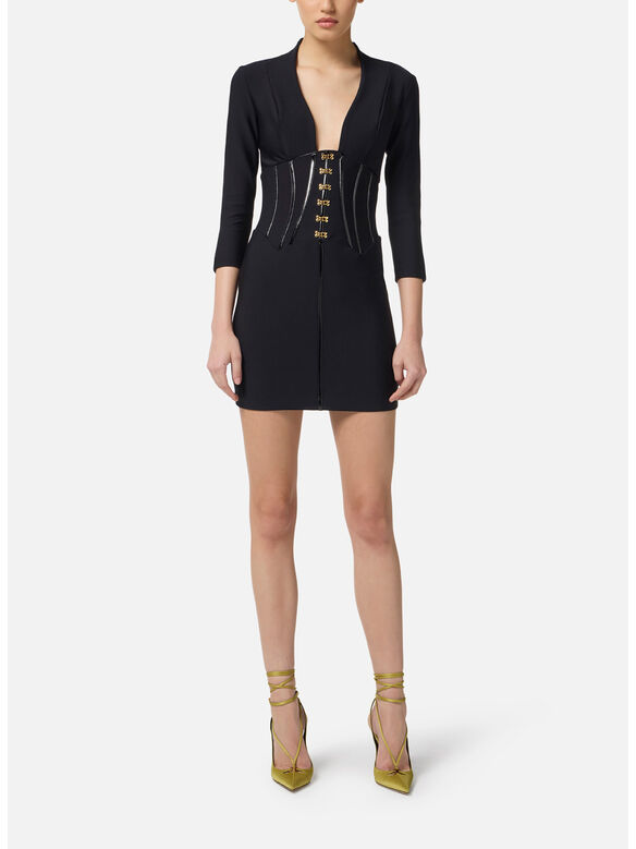 ABITO IN NEOPRENE CON DETTAGLI CORSETTO, 110 NERO, medium