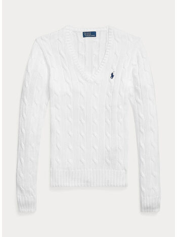 MAGLIONE IN COTONE A TRECCE CON SCOLLO A V, WHITE, small