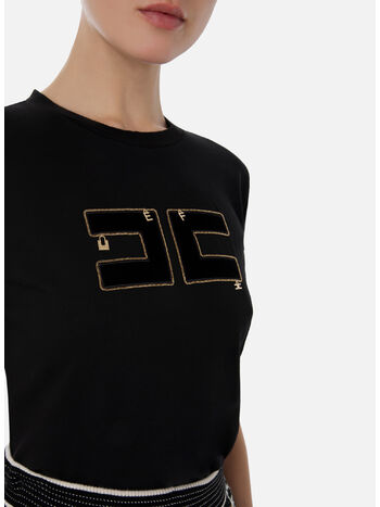 T-SHIRT IN COTONE CON LOGO IN VELLUTO, 110 NERO, small