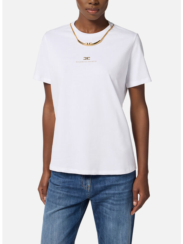 T-SHIRT IN JERSEY DI COTONE CON COLLANA, 270 GESSO, large