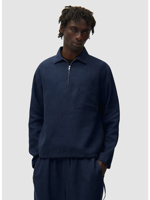 PULLOVER LINEN QUARTER ZIP, 450 NAVY, large