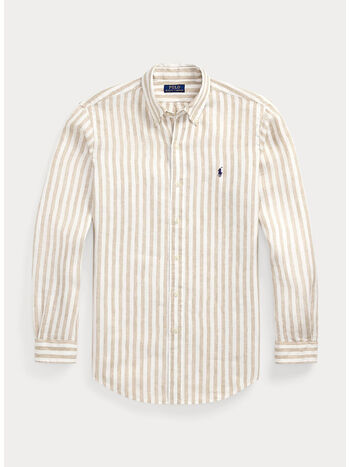 CAMICIA IN LINO A RGHE CON LOGO RICAMATO, COASTAL BEIGE/WHITE, small